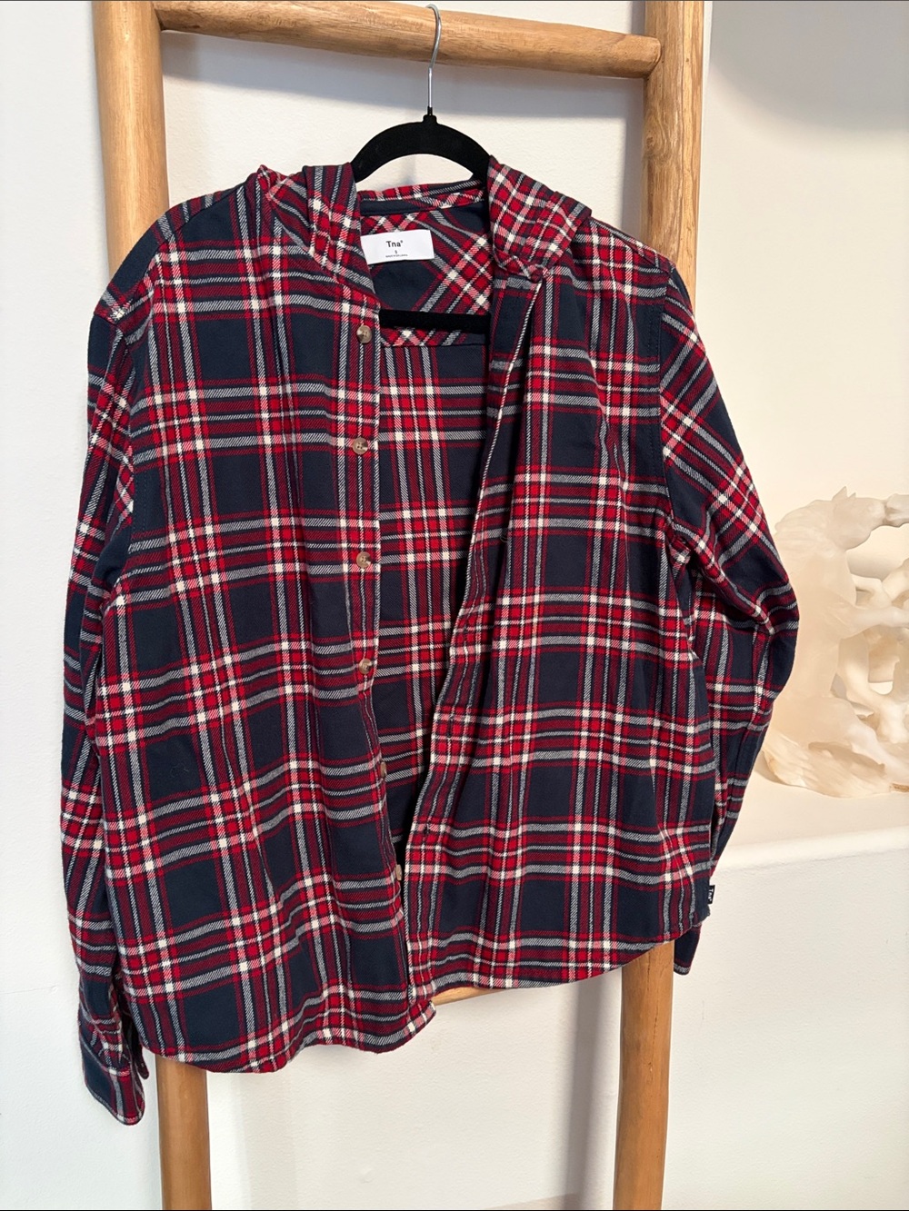 Aritzia TNA Hooded Plaid Shirt jacket shacket - Navy & Red